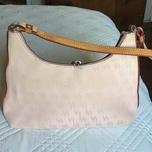 Mini. Dooney & Bourke Light Pink Logo Shoulder Bag with Tan Strap